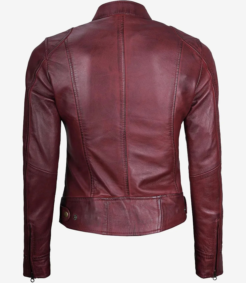 Womens Burgundy Biker Style Real Leather Jacket