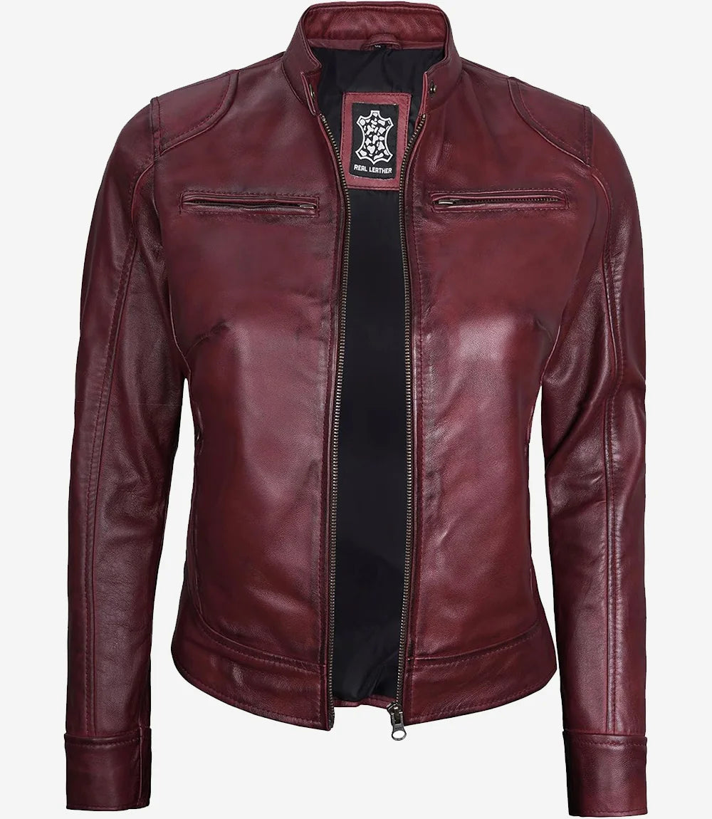 Womens Burgundy Lambskin Biker Leather Jacket