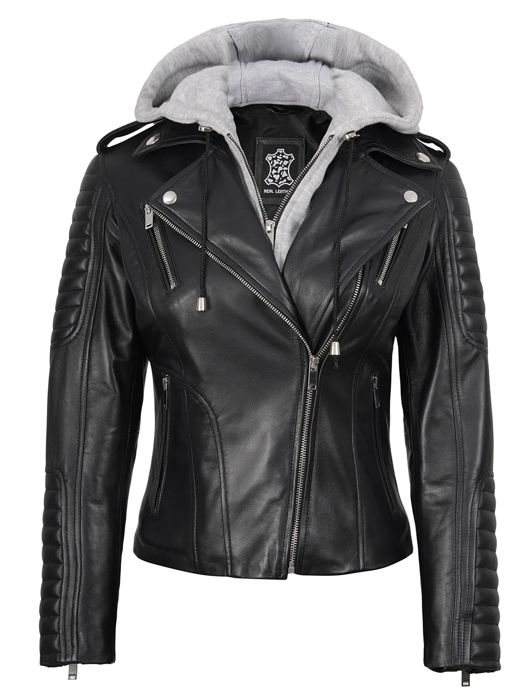 Womens Leather Biker Jacket With Removable Hood