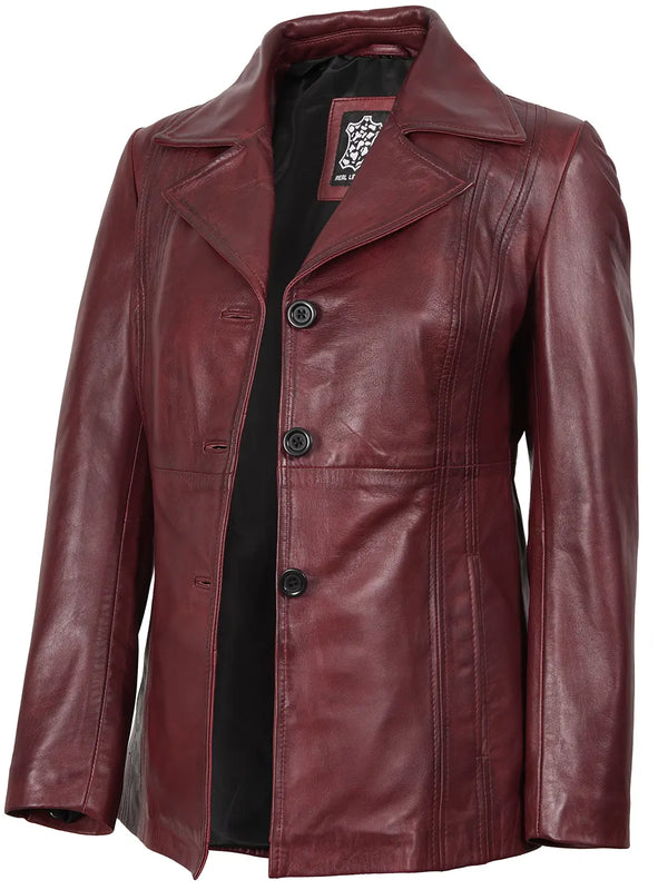 Womens Leather Burgundy Blazer Three Button
