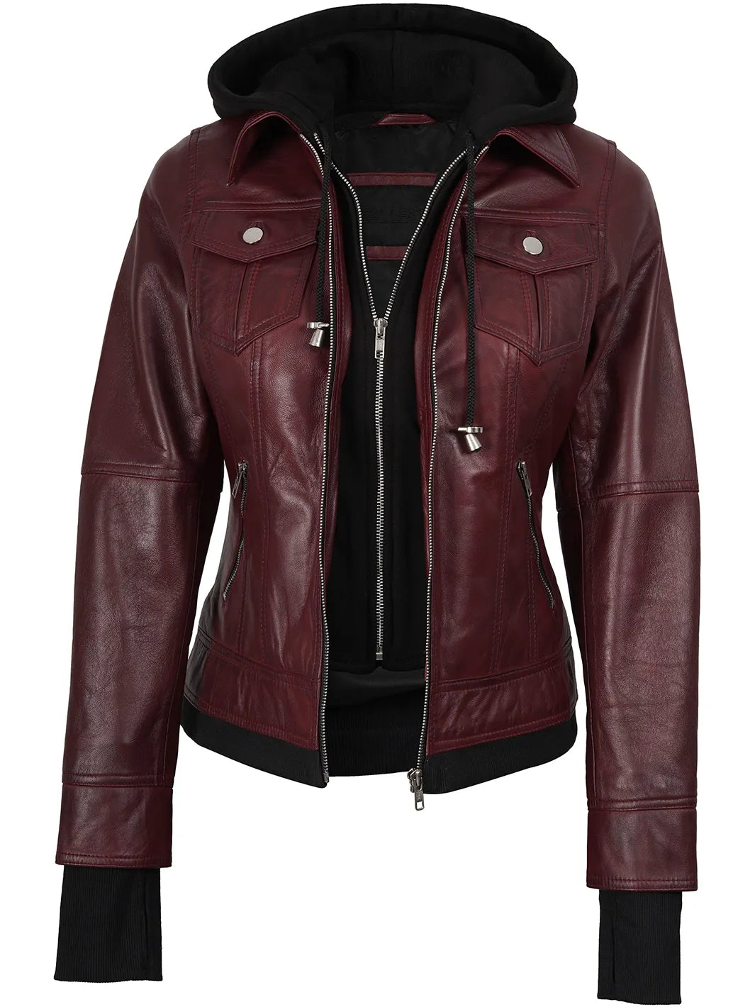 Womens Maroon Bomber Hooded Leather Jacket
