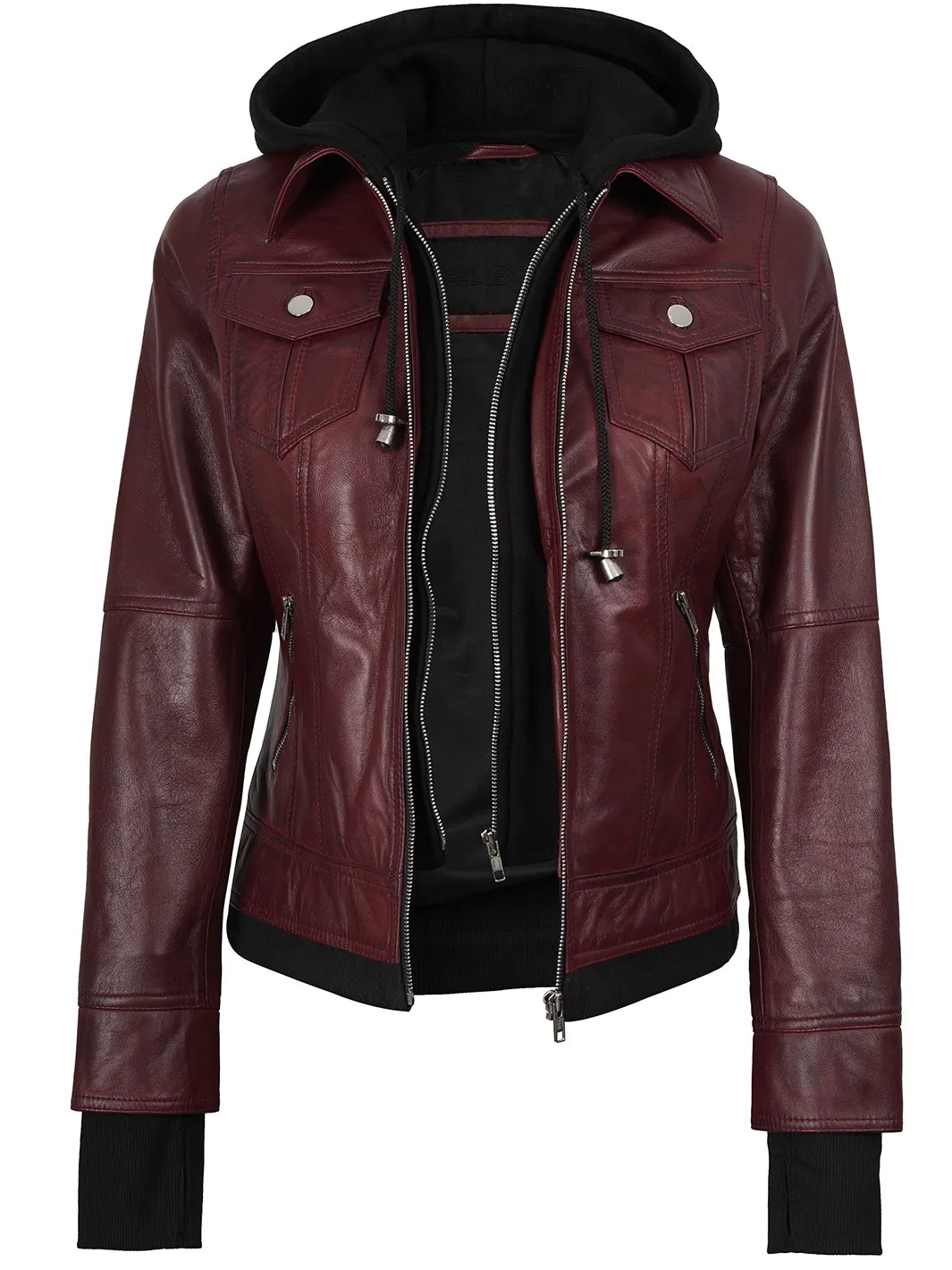 Womens Maroon Bomber Leather Jacket with Hood