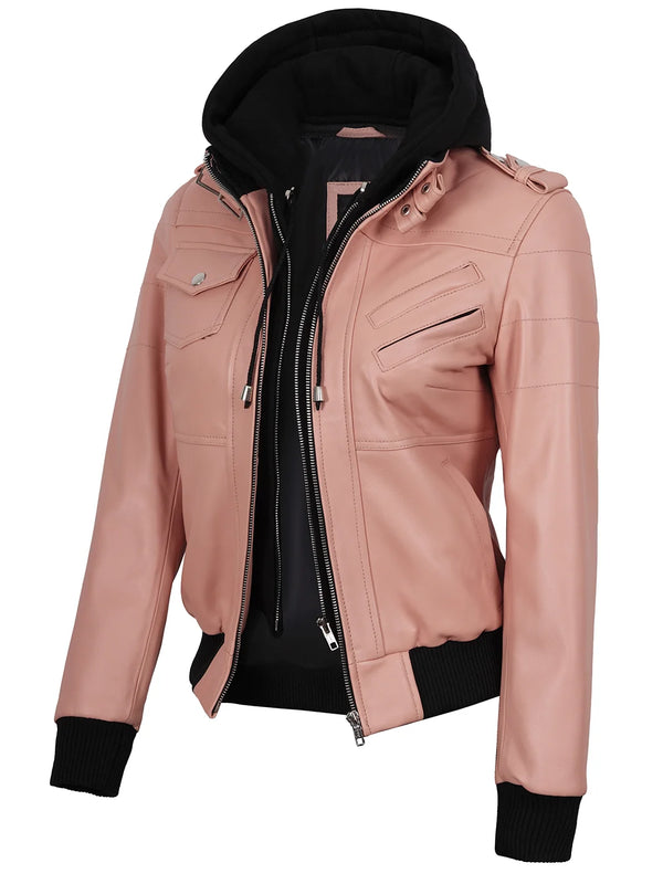 Womens Pink Hooded Real Lambskin Leather Jacket