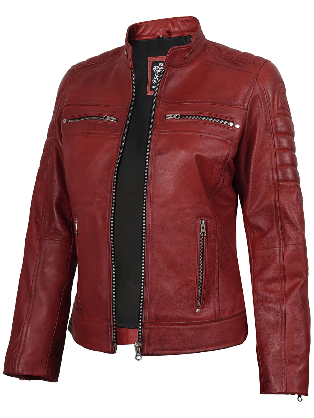 Womens Real Red Cafe Racer Leather Jacket