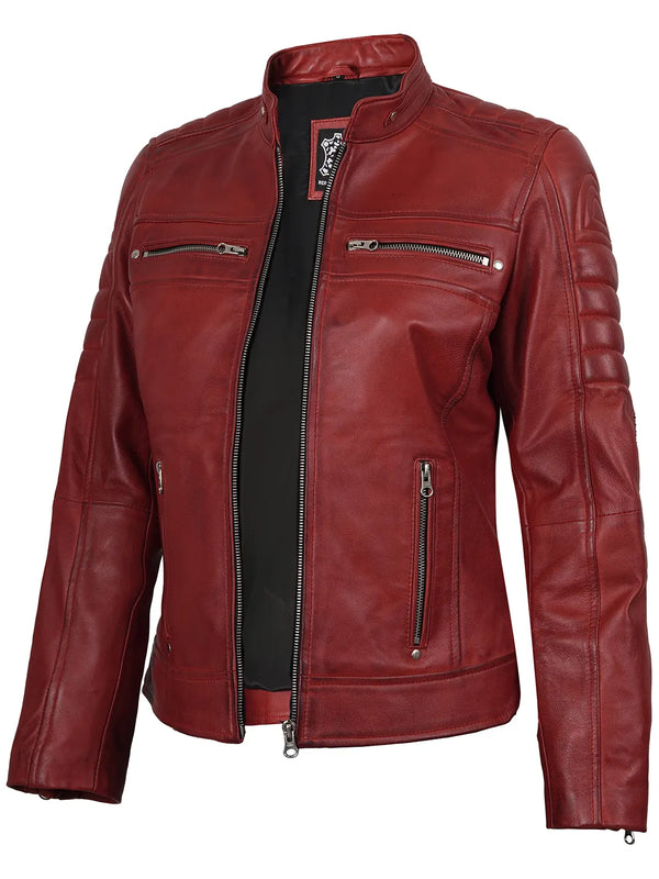 Womens Real Red Cafe Racer Leather Jacket