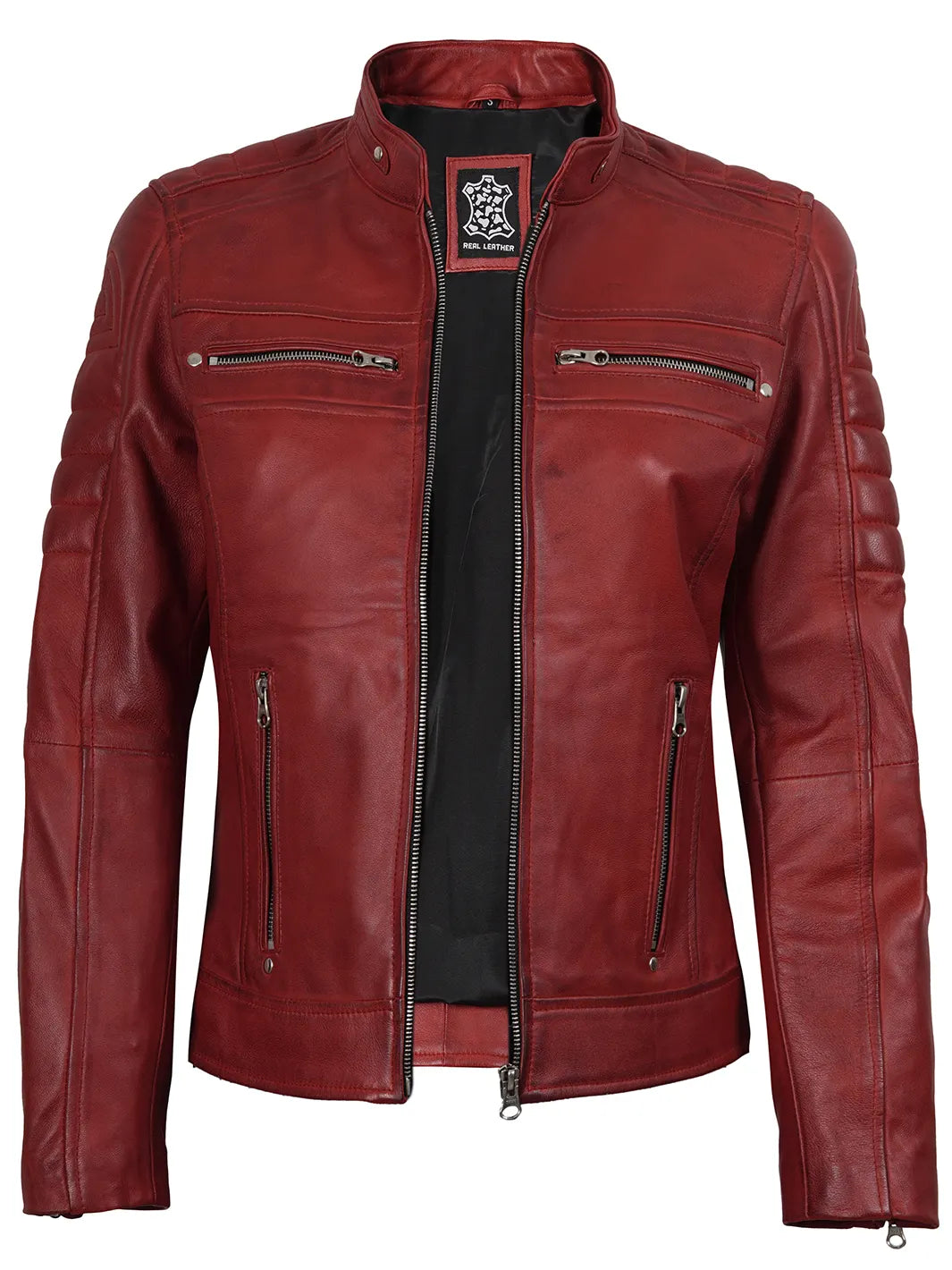 Womens Red Biker Real Leather Jacket