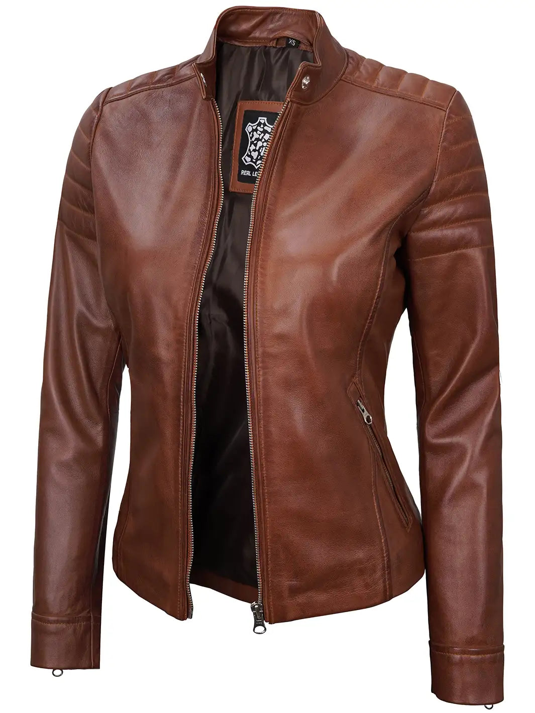 Women cognac leather jacket