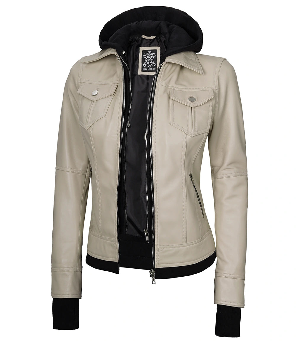 beige women hooded leather jacket