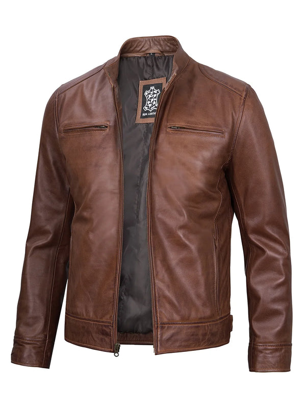 Dodge Men's Cognac Tan Brown Leather Jacket