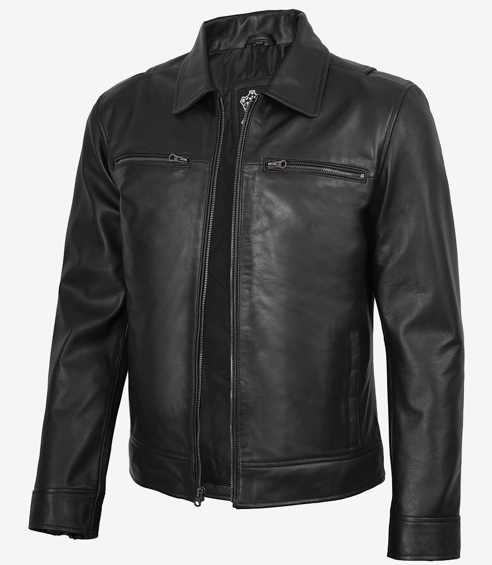 Men's Black Real Leather Jacket Harrington Style - Front