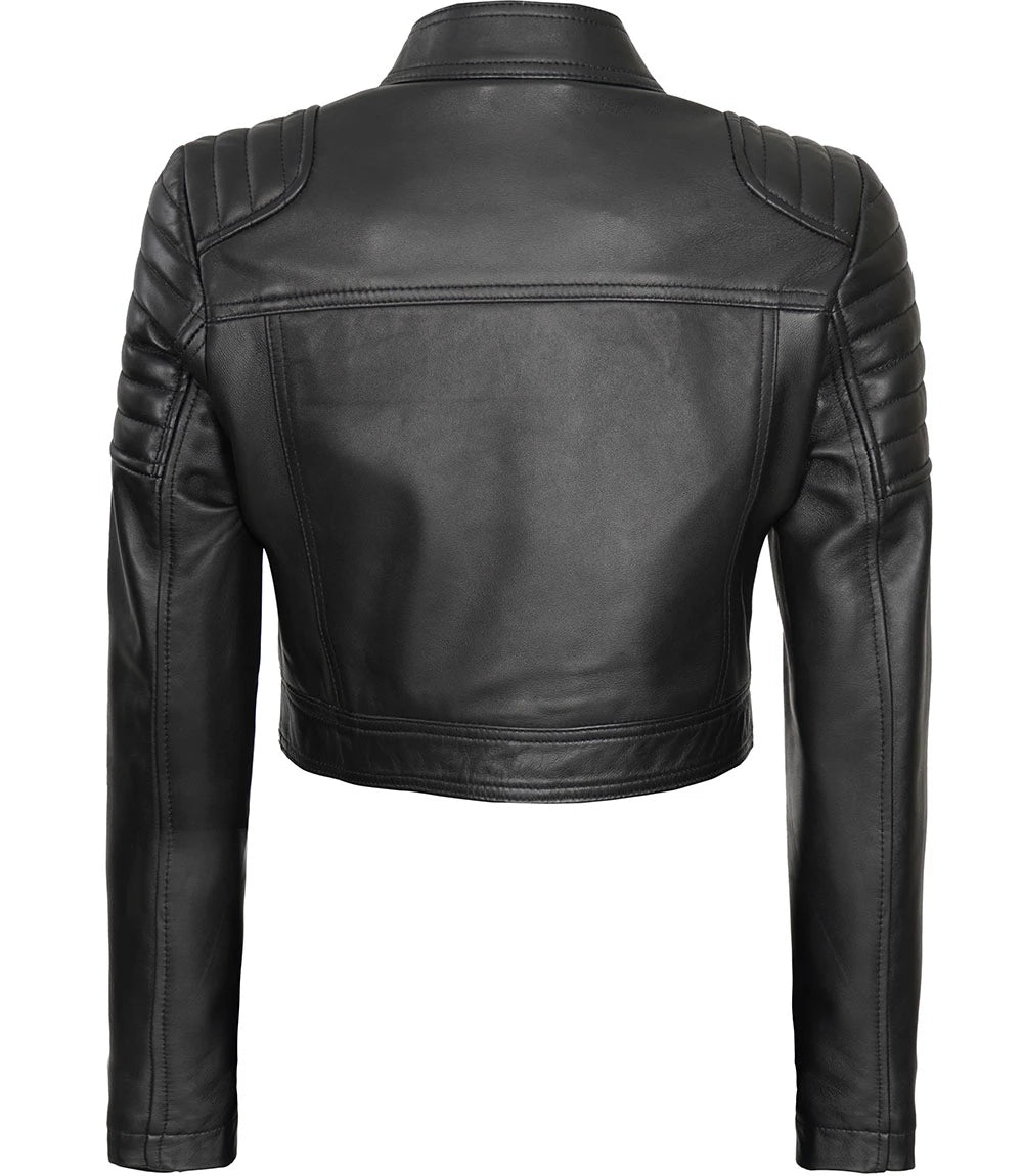 black cropped leather moto jacket womens