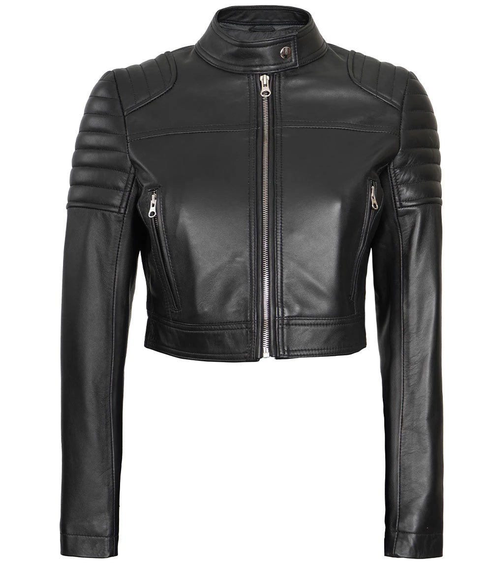 black cropped moto leather jacket