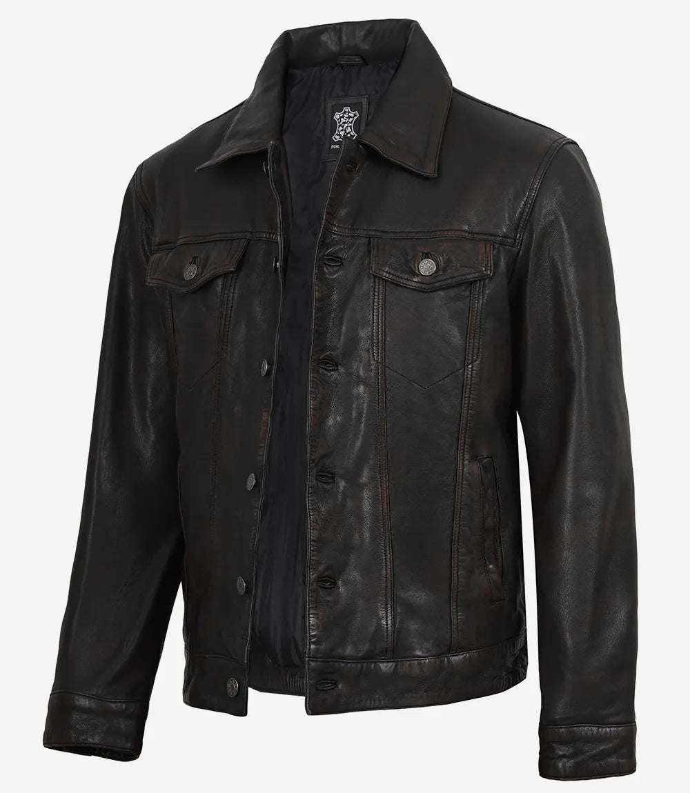 Men's Maroon Distressed Black-Washed Lambskin Trucker Jacket - Front