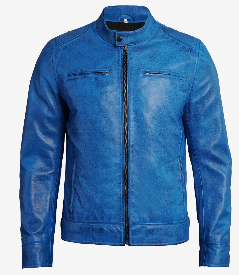 blue mens leather cafe racer jacket