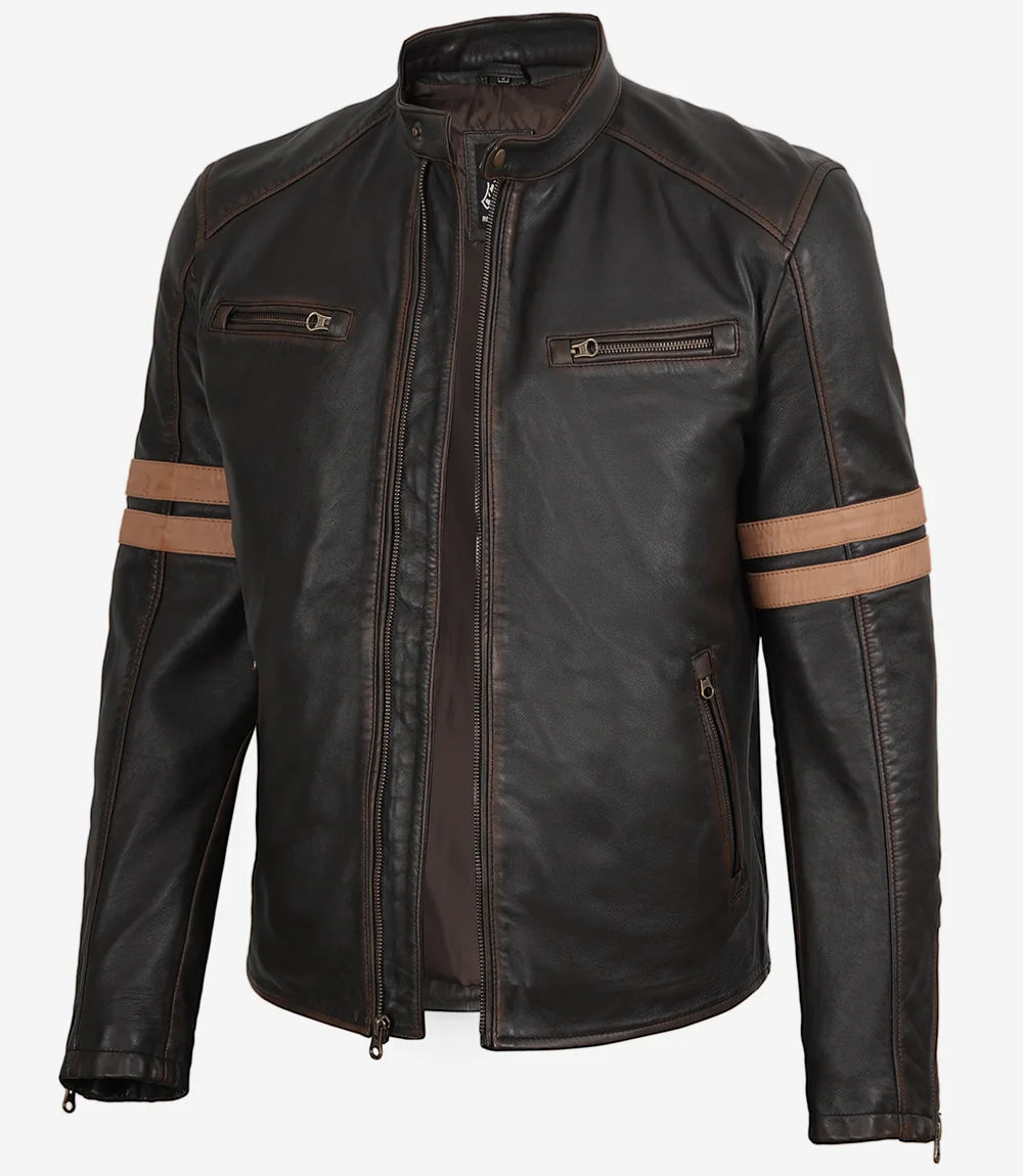 Men's Dark Brown Rub-Off Lambskin Cafe Racer Jacket with Tan Stripes - Front