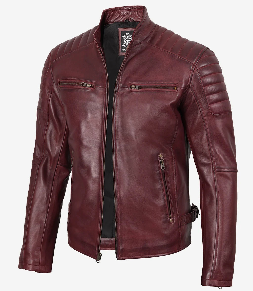 Men's Burgundy Quilted Lambskin Cafe Racer Jacket - Front