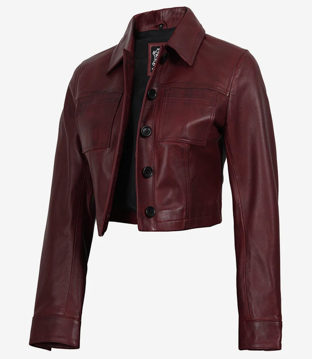 Women's burgundy wax finish cropped Harrington leather jacket