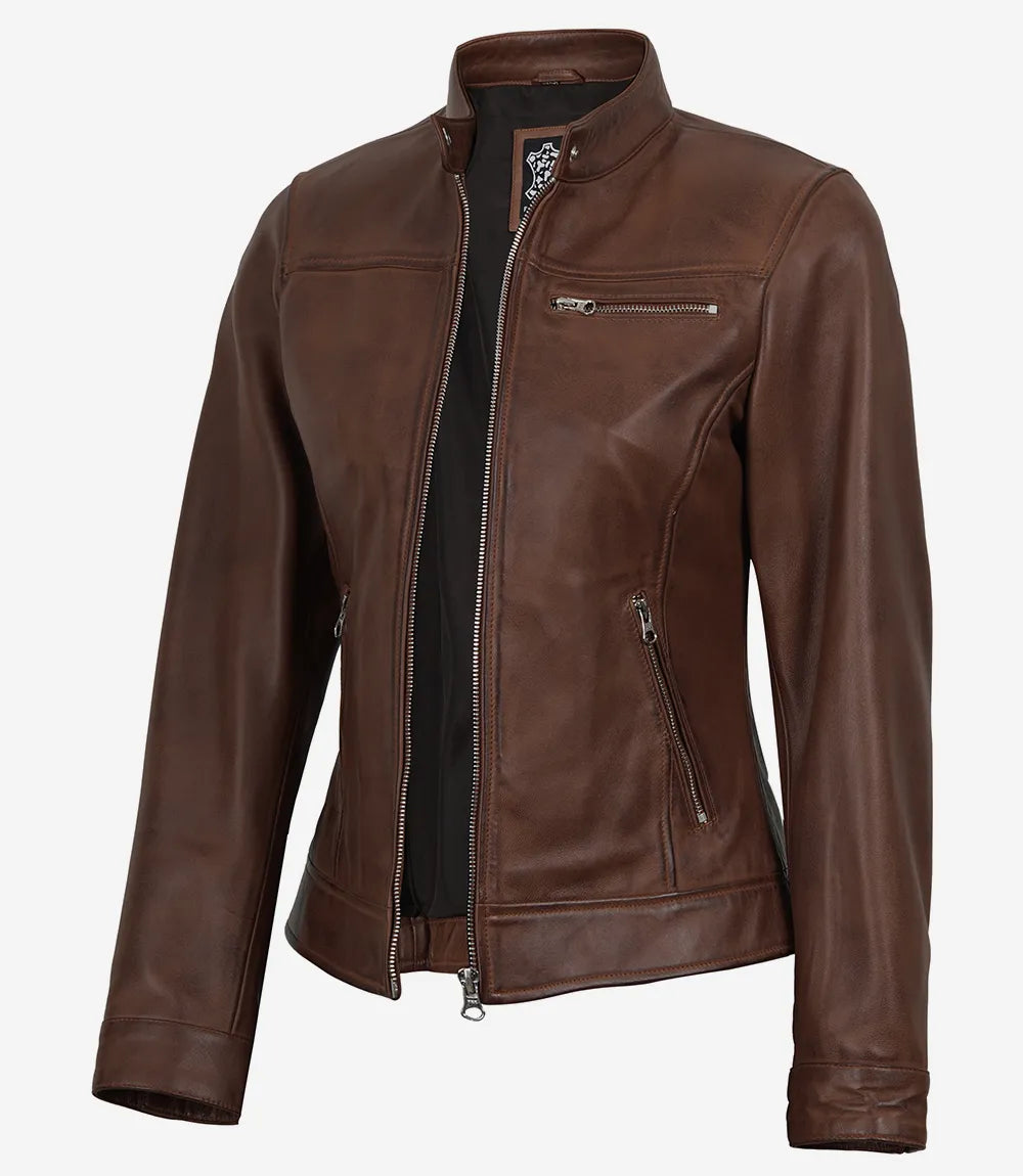 Women's Cognac Wax Lambskin Cafe Racer Jacket - Front
