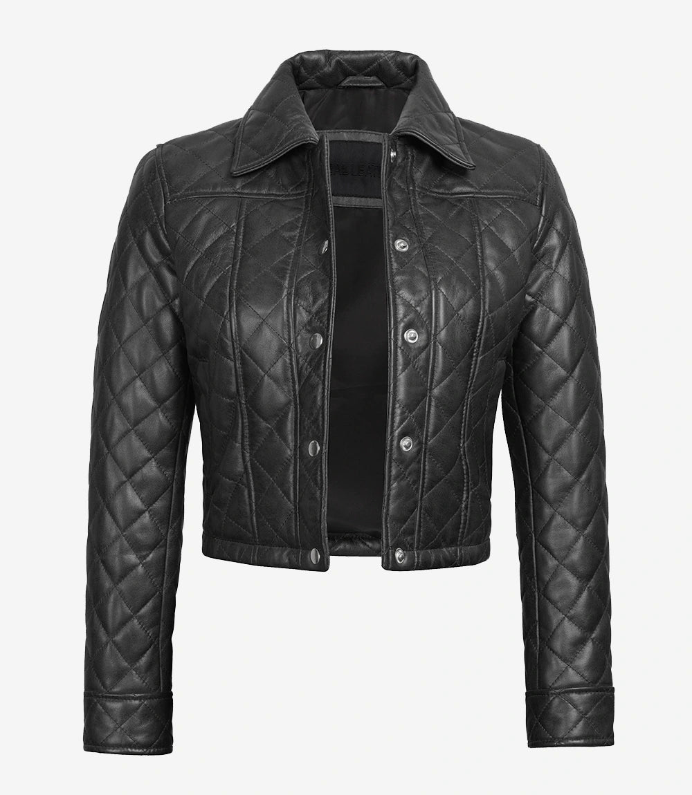 Quilted Black Cropped Leather Jacket For Womens