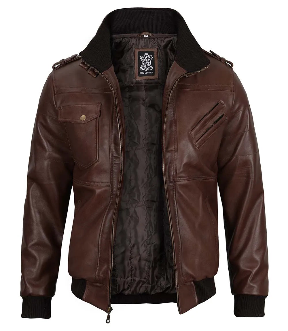 Dark Brown Leather Jacket in Hooded Style