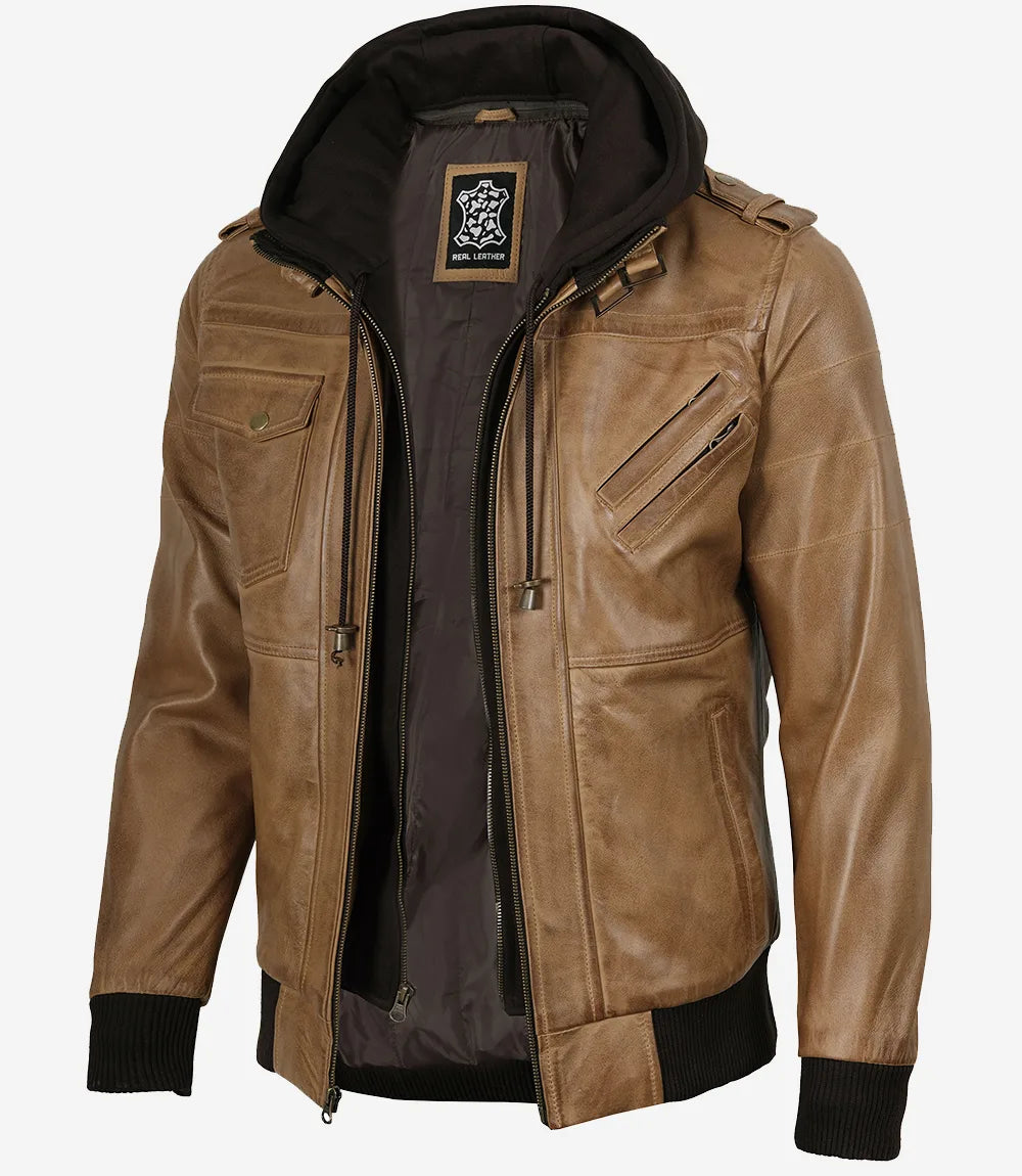 Men's Camel Brown Lambskin Bomber Jacket with Removable Hood - Front