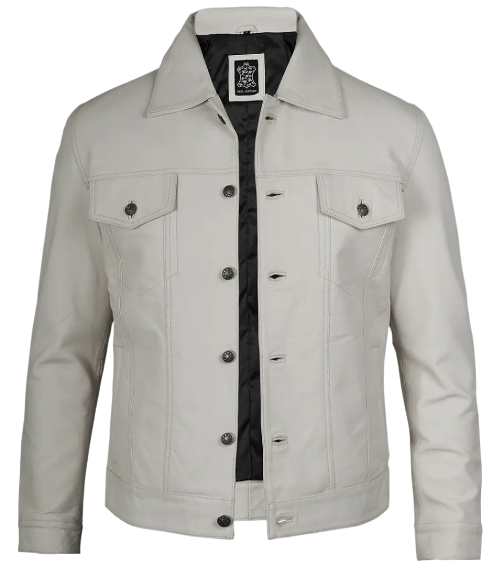 Fernando Off White Leather Trucker Jacket