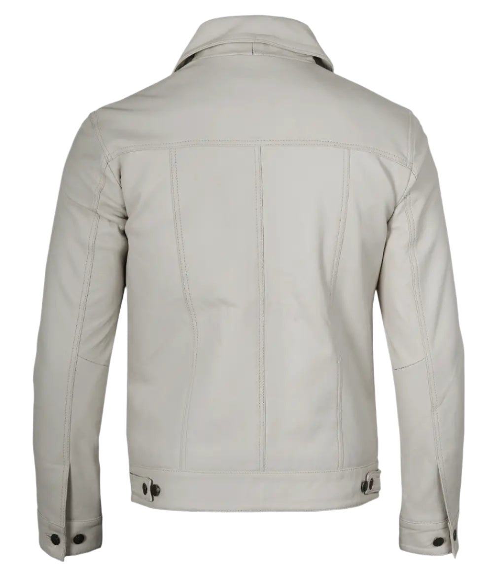 Men's Off White Leather Trucker Jacket