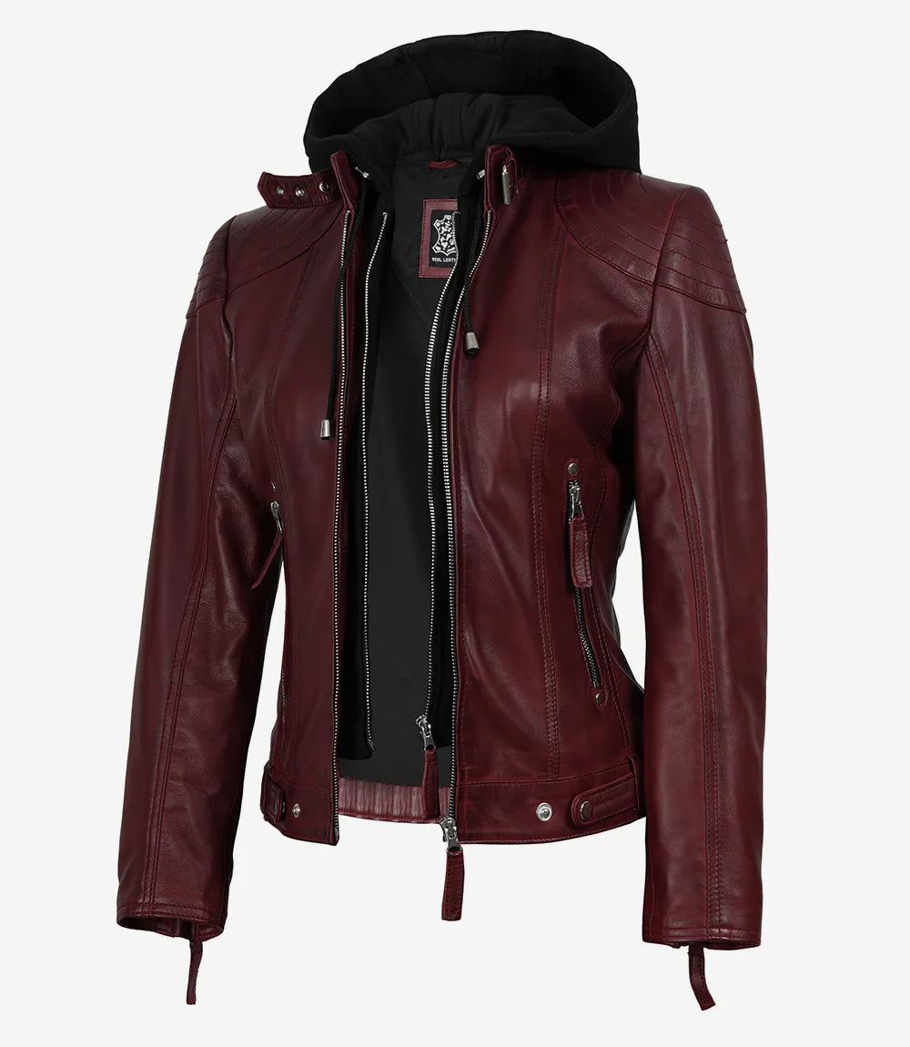 Women's Maroon Real Leather Jacket With Removable Hood - Front