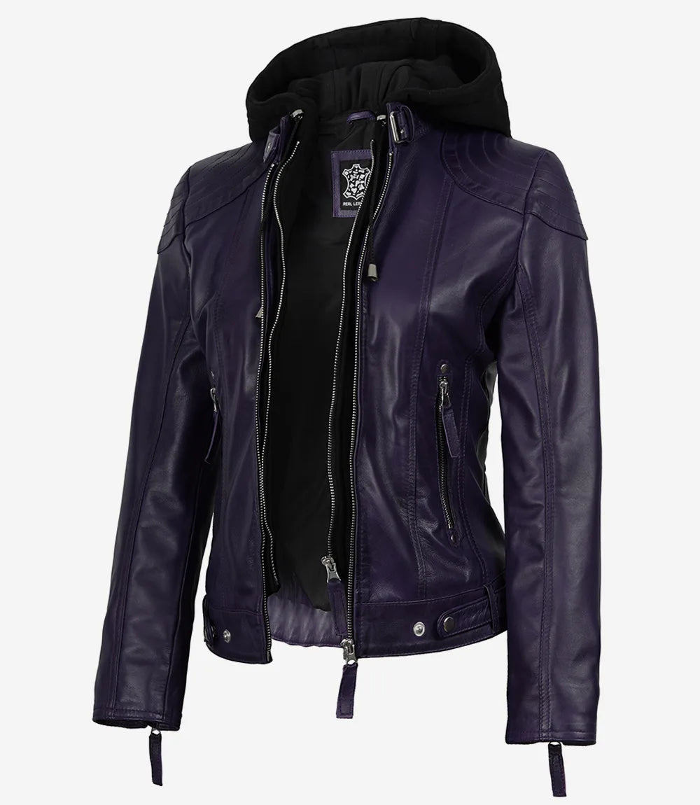 Women's Purple Real Leather Jacket With Removable Hood - Front