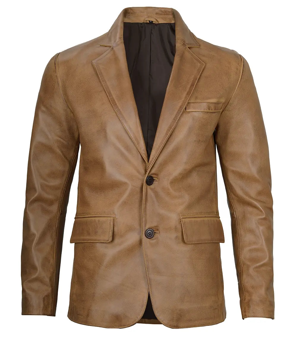 left side pose right side pose Mens Camel Brown Real Leather Two Button Blazer