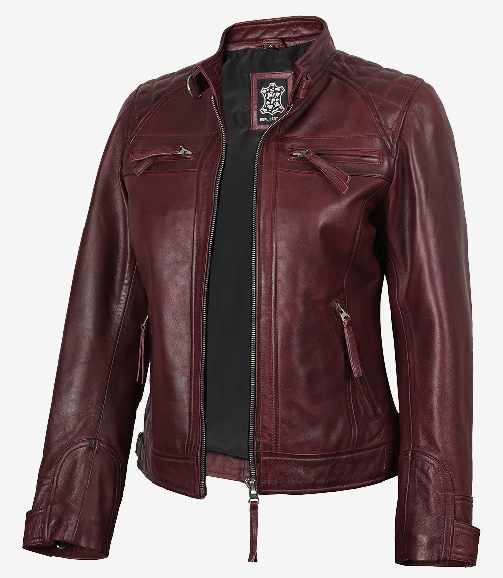 Maroon leather jacket on a white background