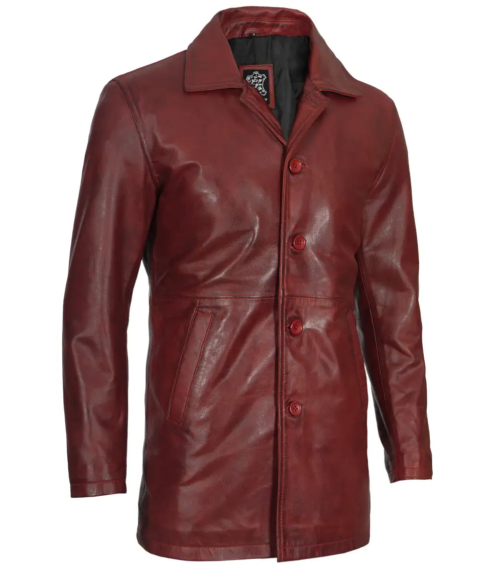 maroon leather coat