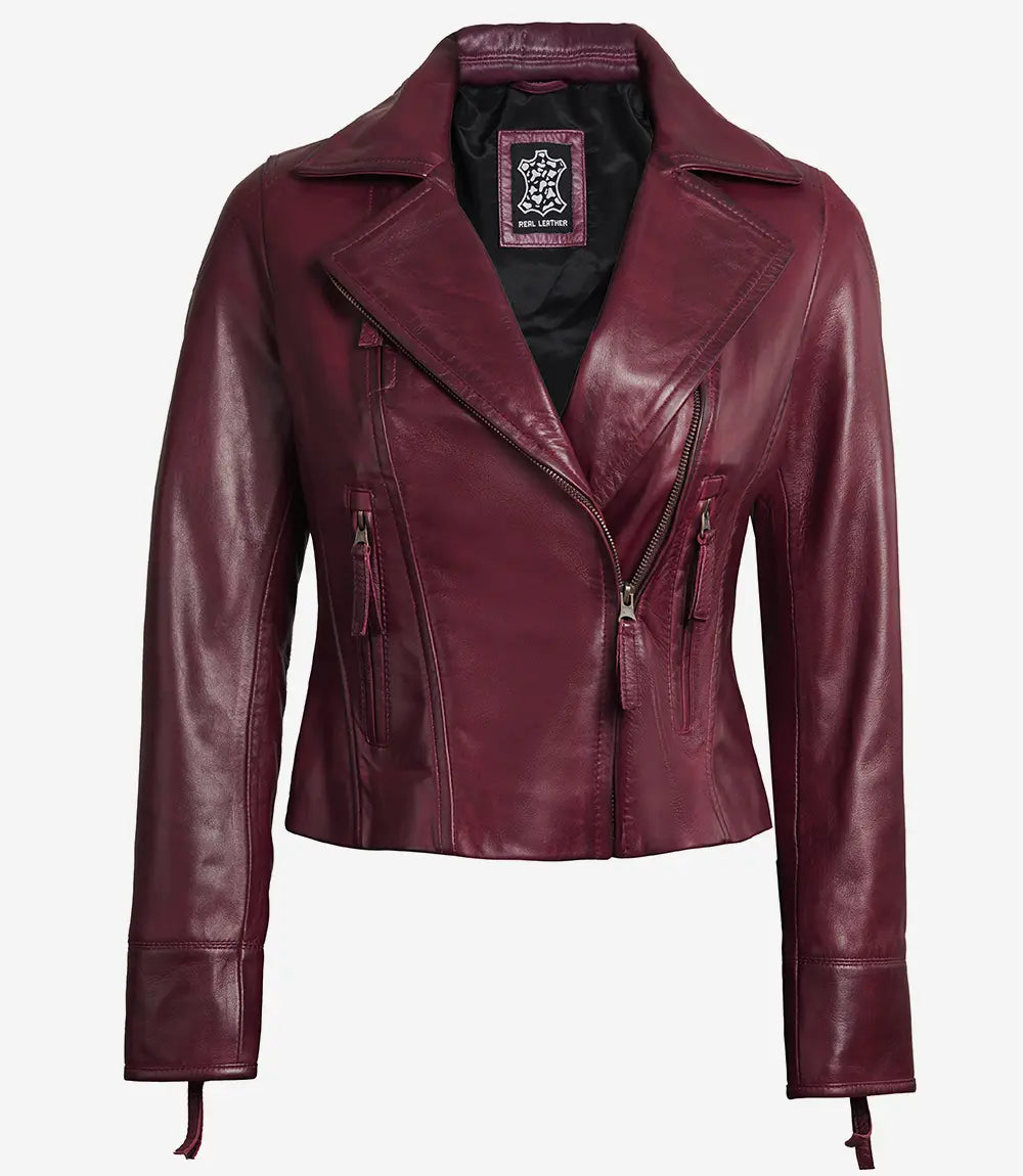 maroon women leather jacket