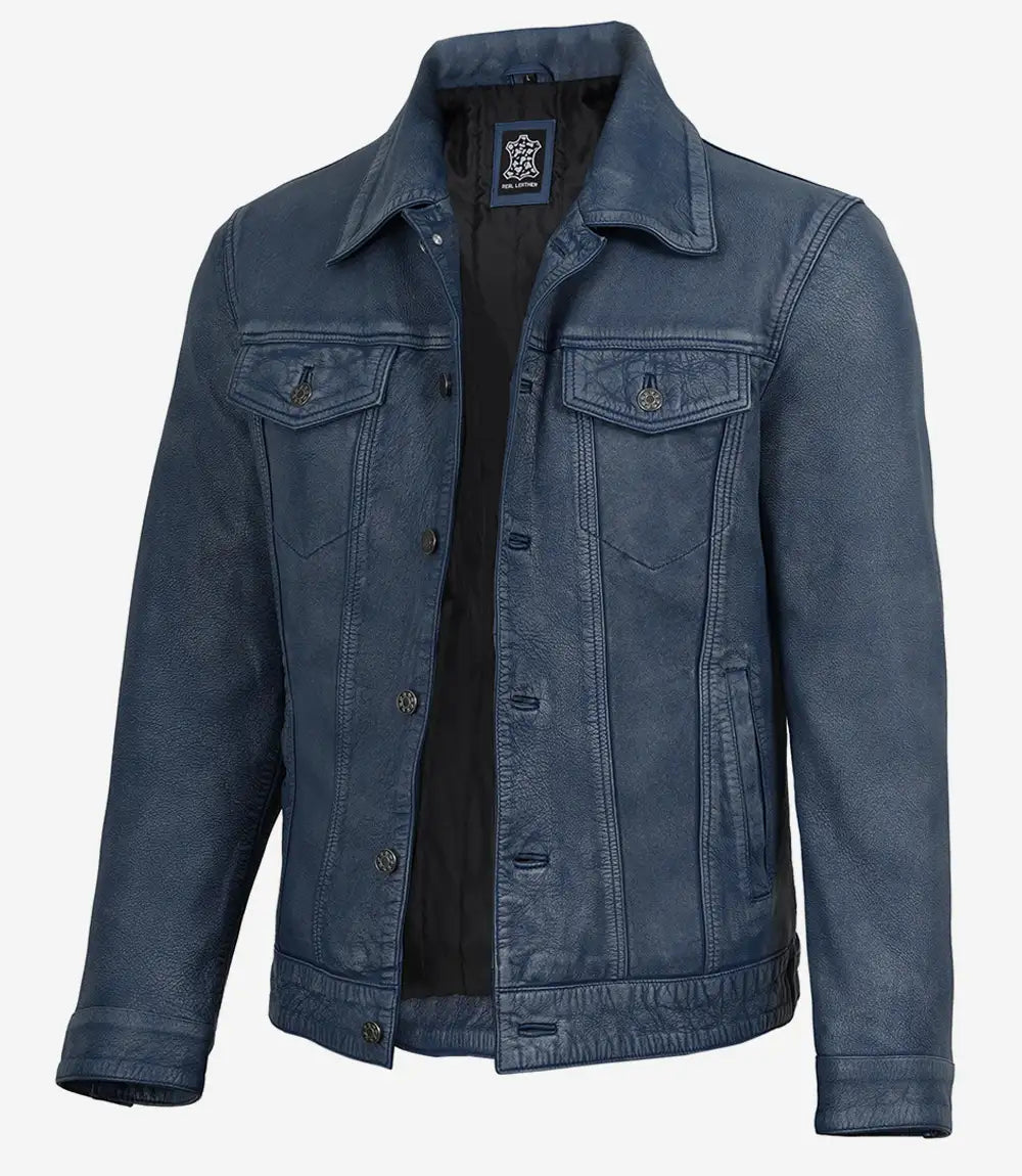 Mens Denim Style Trucker Blue Washed Leather Jacket - Front