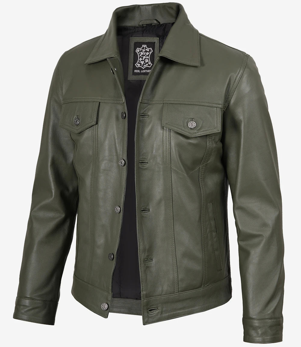 Men's Olive Green Real Leather Trucker Jacket - Front