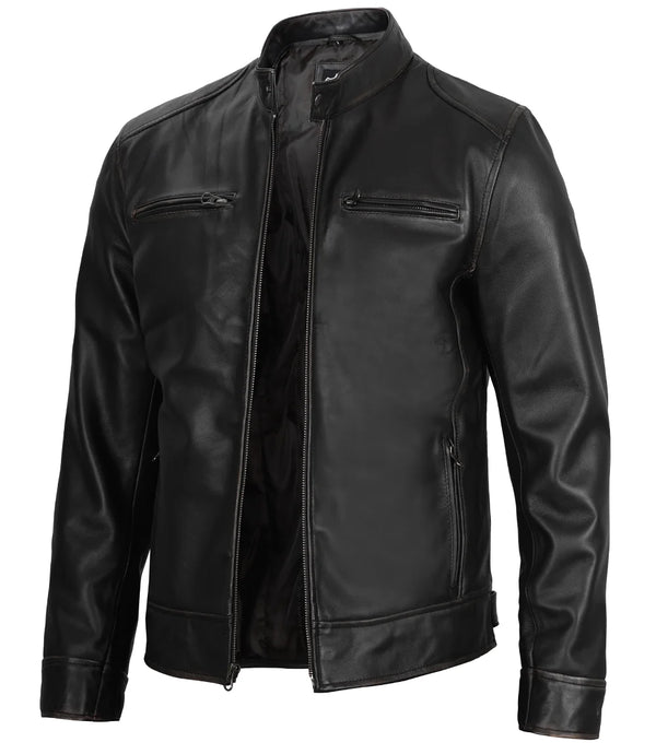 Dodge Men's Black Café Racer Leather Jacket