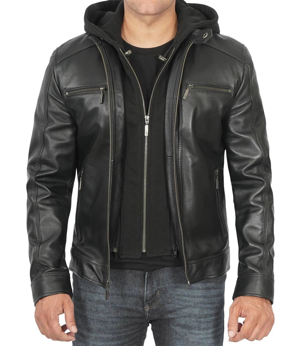 mens real lambskin black leather jacket with hood