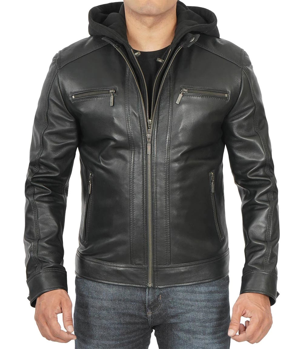 mens real lambskin leather jacket with hood