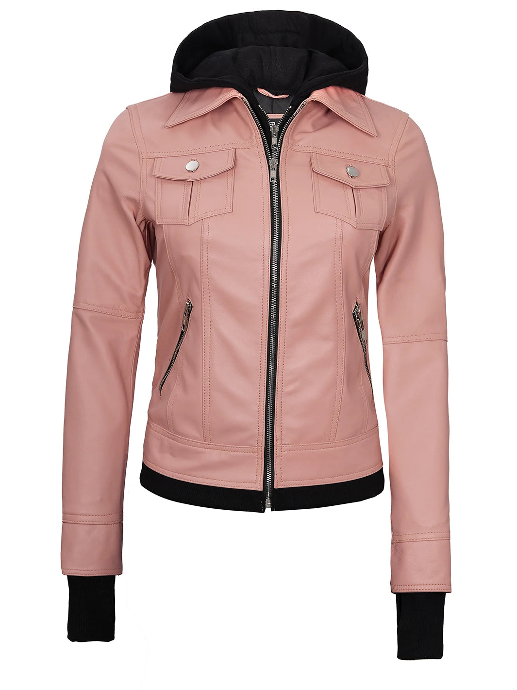 hooded leather jacket pink