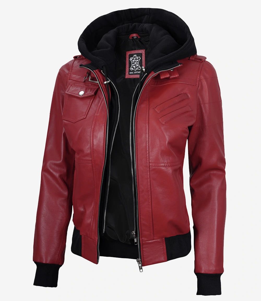 Women's Red Lambskin Jacket with Removable Hood - Front