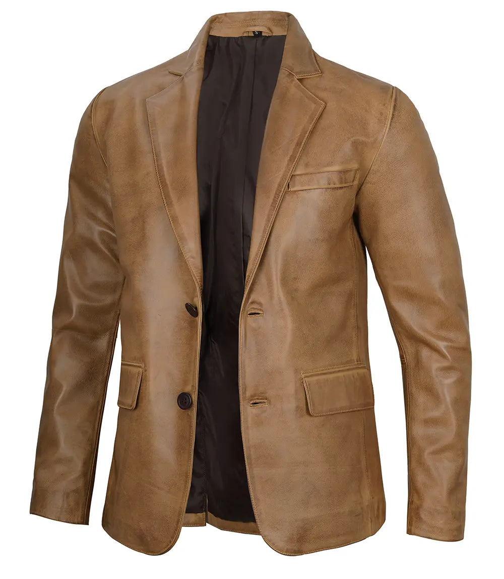 right side pose Mens Camel Brown Real Leather Two Button Blazer