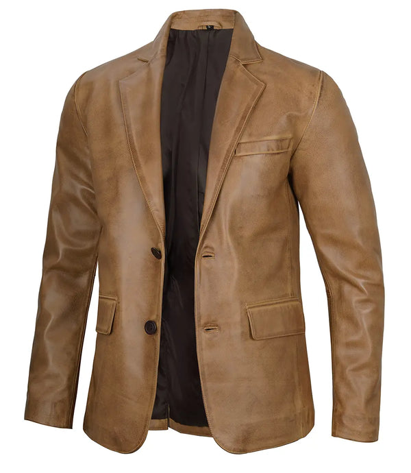 right side pose Mens Camel Brown Real Leather Two Button Blazer