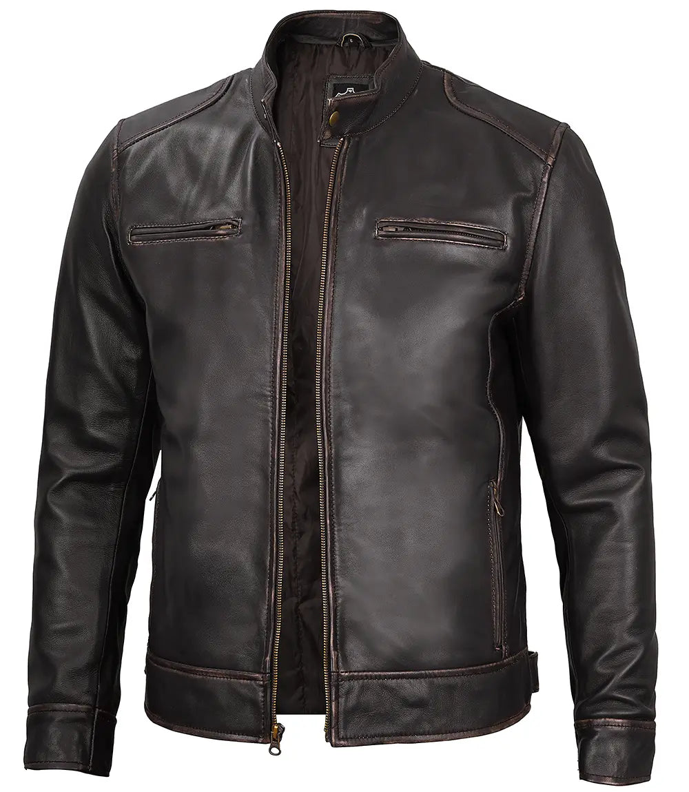 rub off brown cafe racer leather jacket