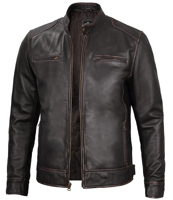 rub off brown cafe racer leather jacket