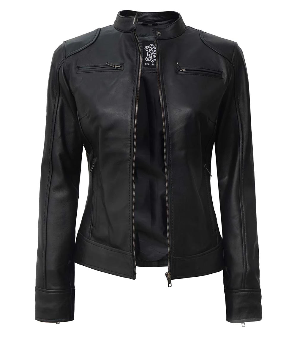 tall black leather jacket for women