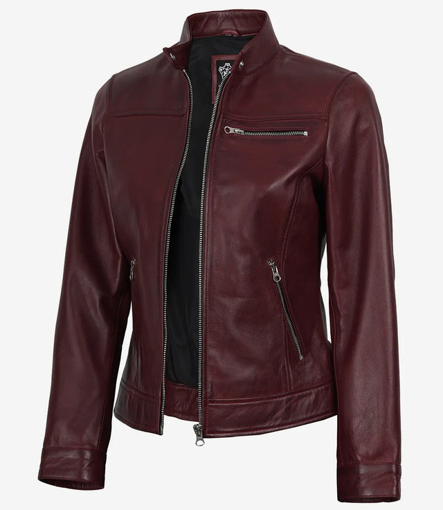 Women's burgundy wax finish lambskin cafe racer jacket