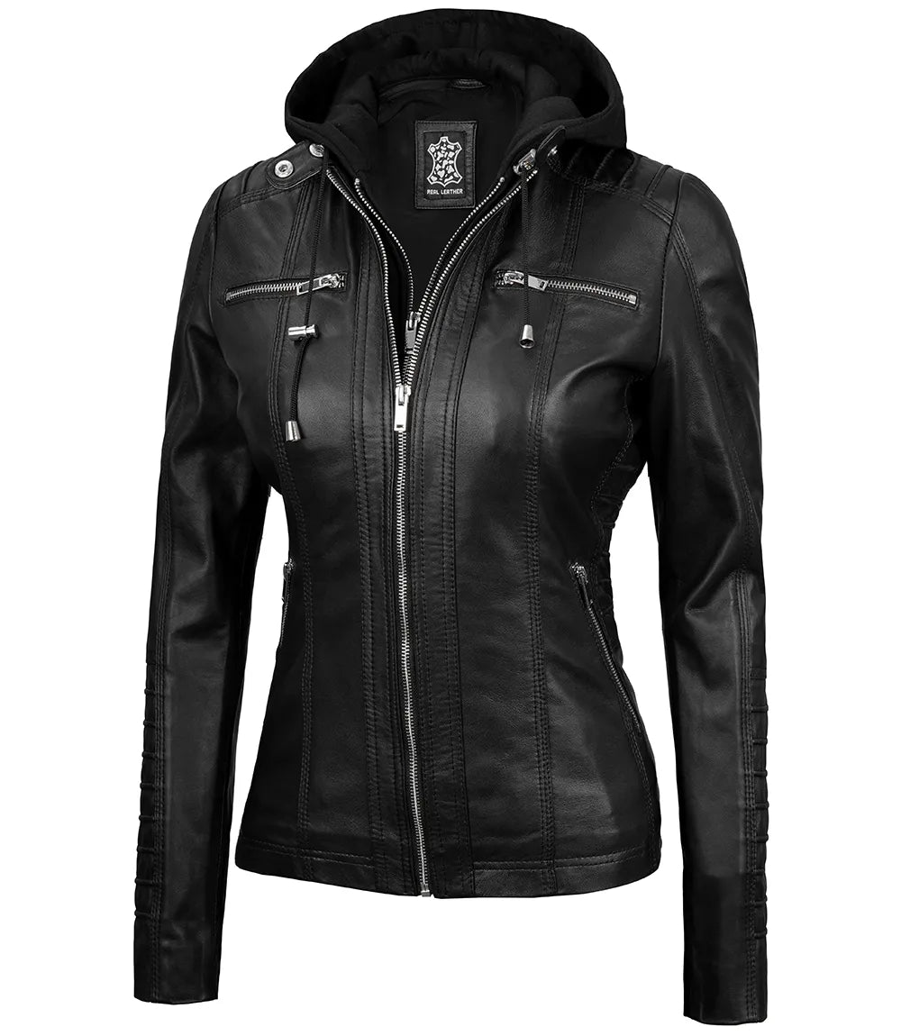 Women hooded leather jacket