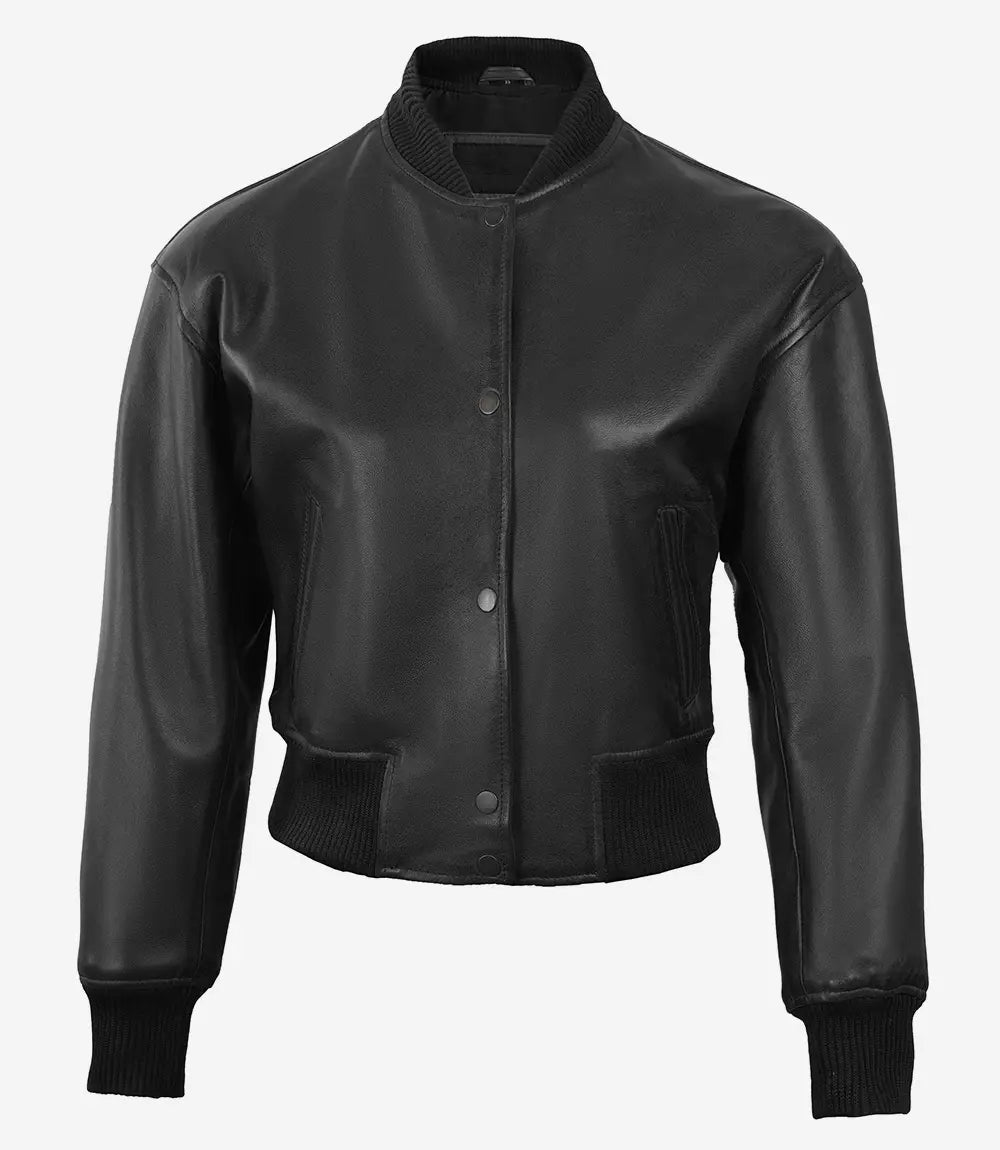Womens Bomber Cropped Leather Jacket Black
