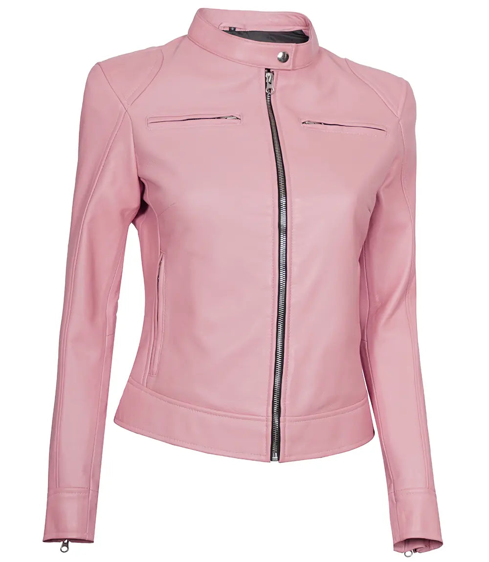 women real leather pink jacket