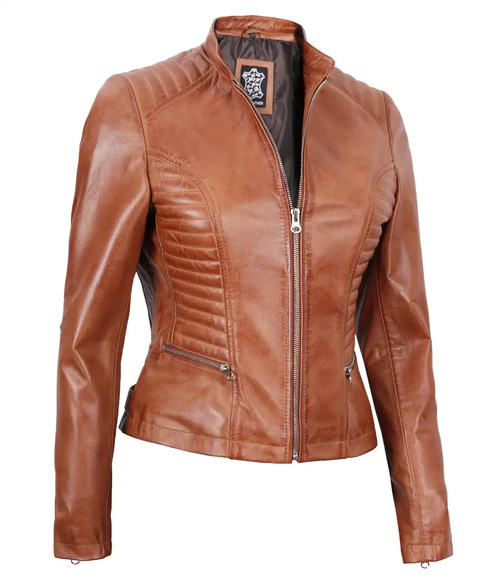 women tan leather jacket petite